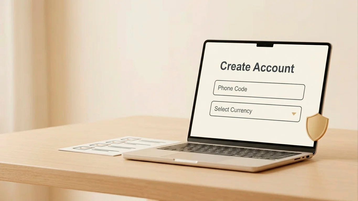 Golden Pharaoh sign up UK illustration of a registration checklist with phone-code and currency fields