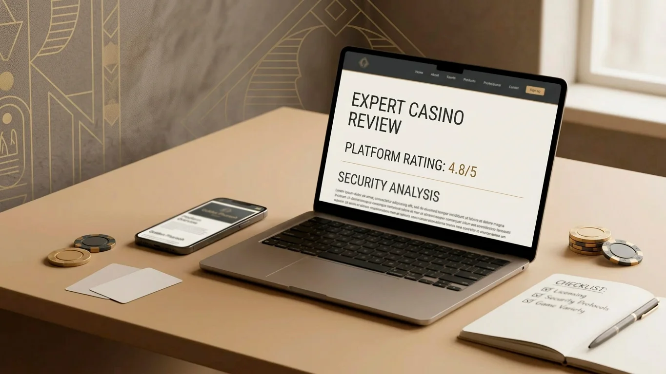 Golden Pharaoh Casino UK review editorial hero illustration with desk and devices